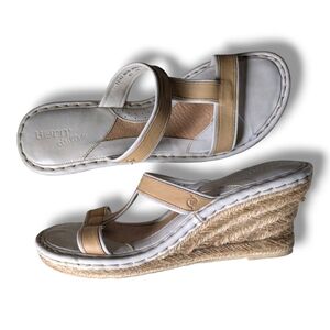 Born Drilles Espadrille Wedge Sandals Tan Cream Leather T-Strap Women's Size 11